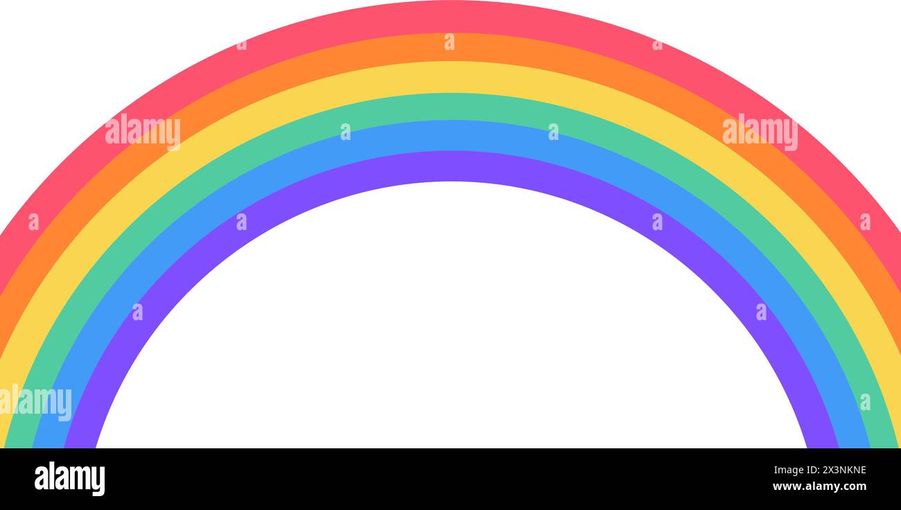 Flache, breite Regenbogenform. Halbkreis, helle Spektrumfarben. Buntes Streifenmuster. Hintergrund. Vektorabbildung Stock Vektor