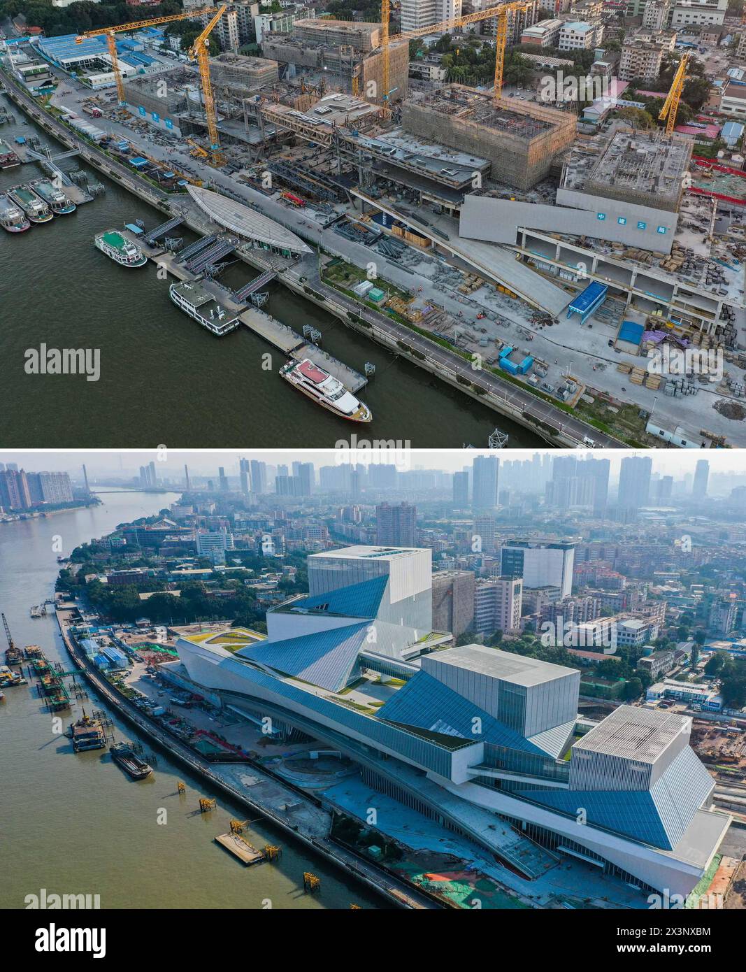 (240428) -- GUANGZHOU, 28. April 2024 (Xinhua) -- dieses Kombi-Foto zeigt das Bai'etan Greater Bay Area Art Center im Bau in Guangzhou, südchinesischer Provinz Guangdong, am 1. Dezember 2021 (oben) bzw. am 25. November 2023 (Foto vom Xinhua-Fotografen Liu Dawei). Das Kunstzentrum beherbergt das Guangdong Museum of Art, das Guangdong Immaterielle Kulturerbe Exhibition Center und die Guangdong Literature Hall und wird am 1. Mai 2024 für die Öffentlichkeit geöffnet. (Xinhua) Stockfoto