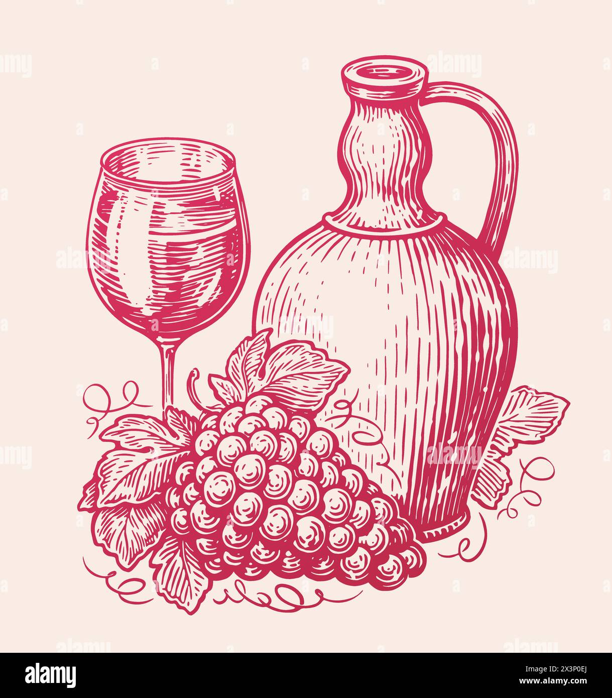 Kanne Wein trinken mit Glas und Trauben. Stillleben Skizze. Vektorillustration im künstlerischen Zeichenstil Stock Vektor