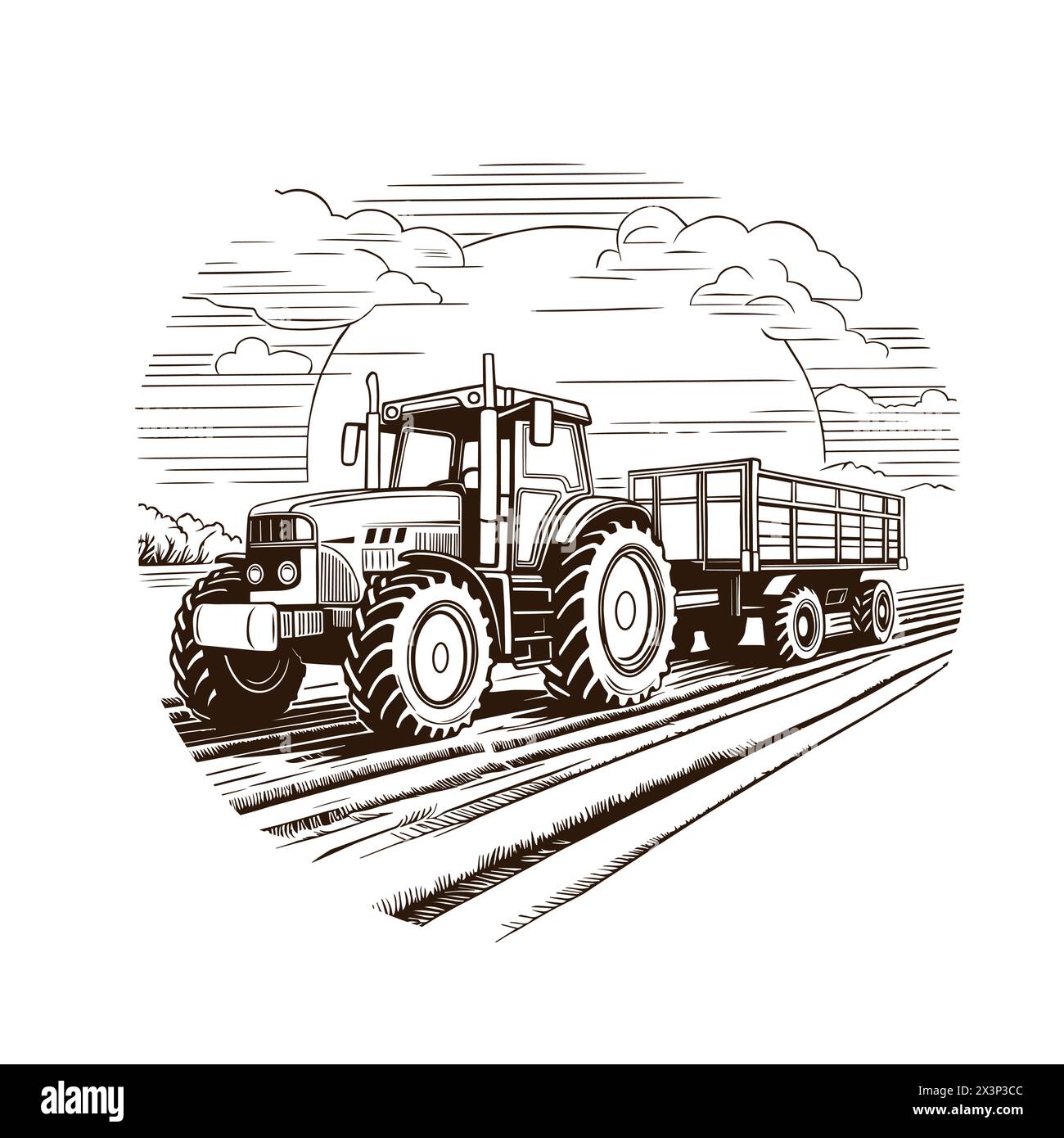 Illustration eines landwirtschaftlichen Traktors mit Anhänger-Vektor. Farm-Logo Stock Vektor