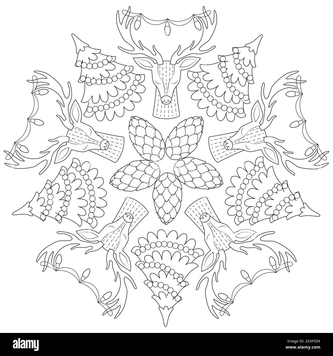 Winter-Mandala mit Hirschen, weihnachtsbäumen und Tannenzapfen. Schwarz-weiß. Seite „Art Therapy Coloring“ (Kunsttherapie). Vektorabbildung Stock Vektor