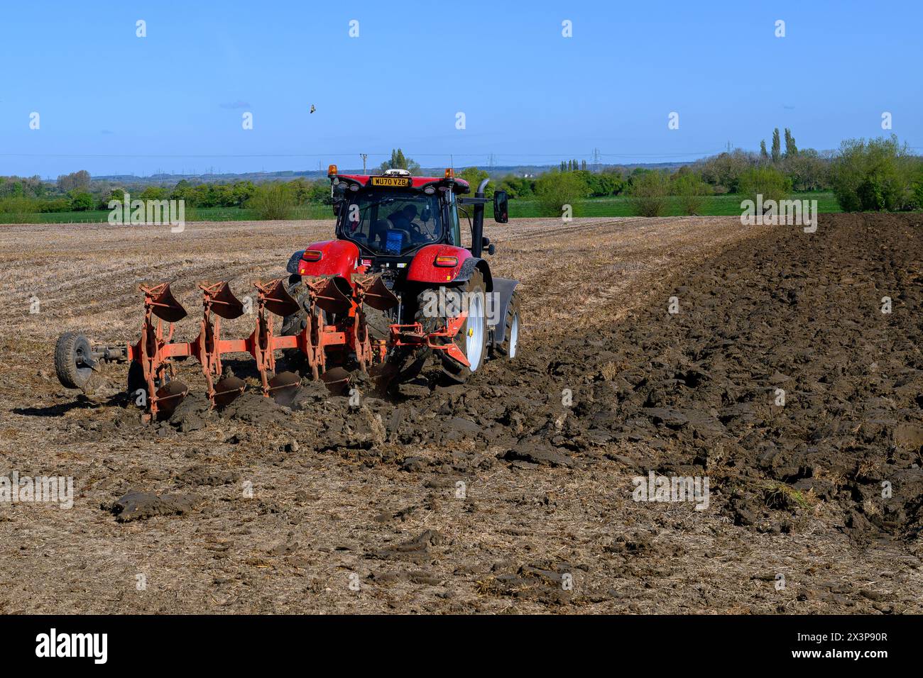 Traktor pflügt ein Feld Stockfoto