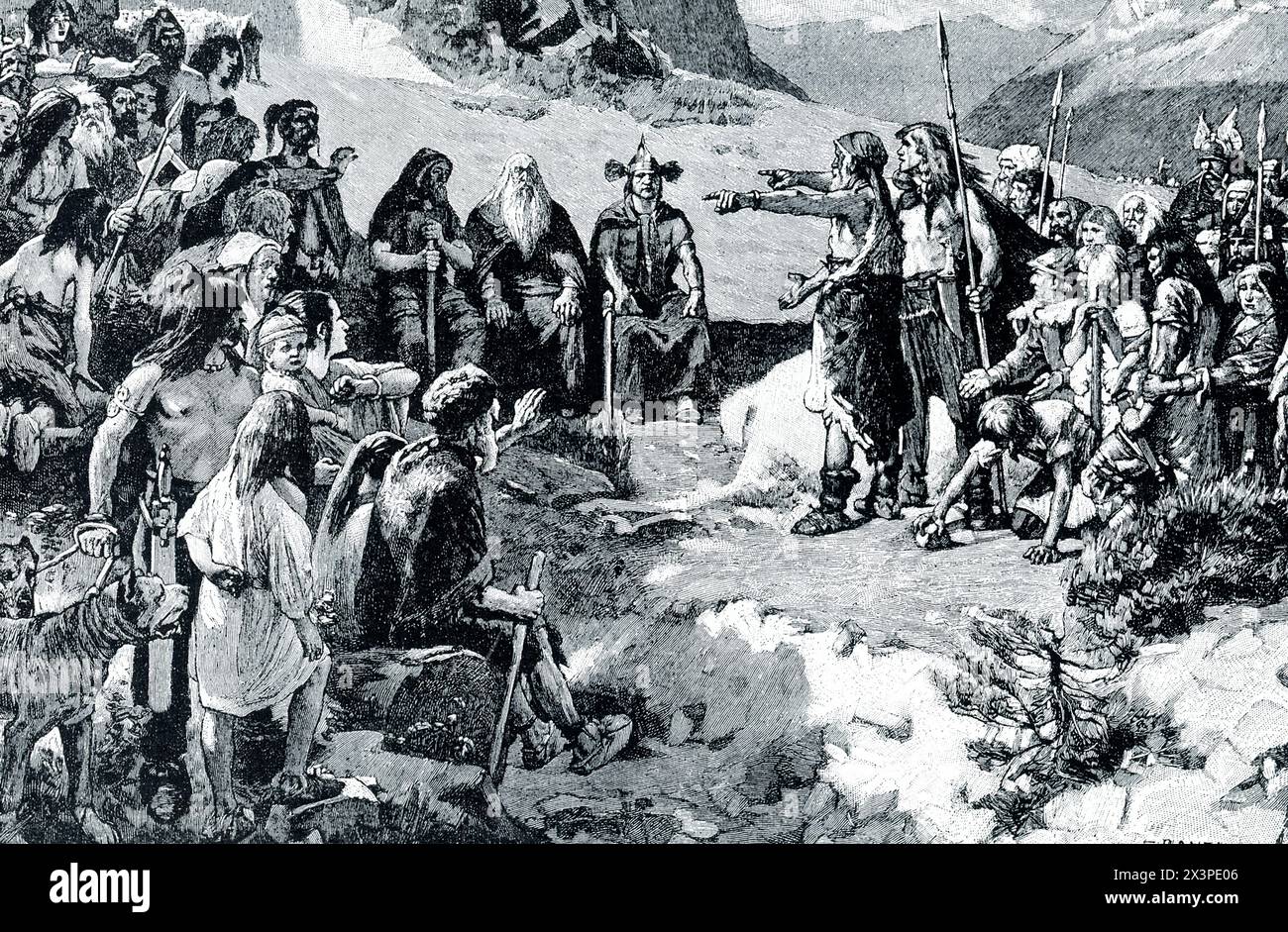 Die Bildunterschrift der frühen 1900er Jahre lautet: „HELVETIER PLANTEN IHRE MIGRATION. – Die Helvetier waren ein Stamm von Galliern, die in der heutigen Schweiz lebten. Sie wurden ständig von Horden von Deutschen angegriffen, so wild und heftig und zahlreicher als sie. Sie hielten den nationalrat ab, den unser Bild zeigt, und beschlossen, in einem Gremium in ein friedlicheres Zuhause im äußersten Westen, am Atlantik, zu ziehen. Statt Frieden fanden sie den Tod, denn auf ihrem Weg begegneten sie Cäsar und seinen Römern, und drei Viertel der gesamten helvetischen Nation wurden getötet. Stockfoto