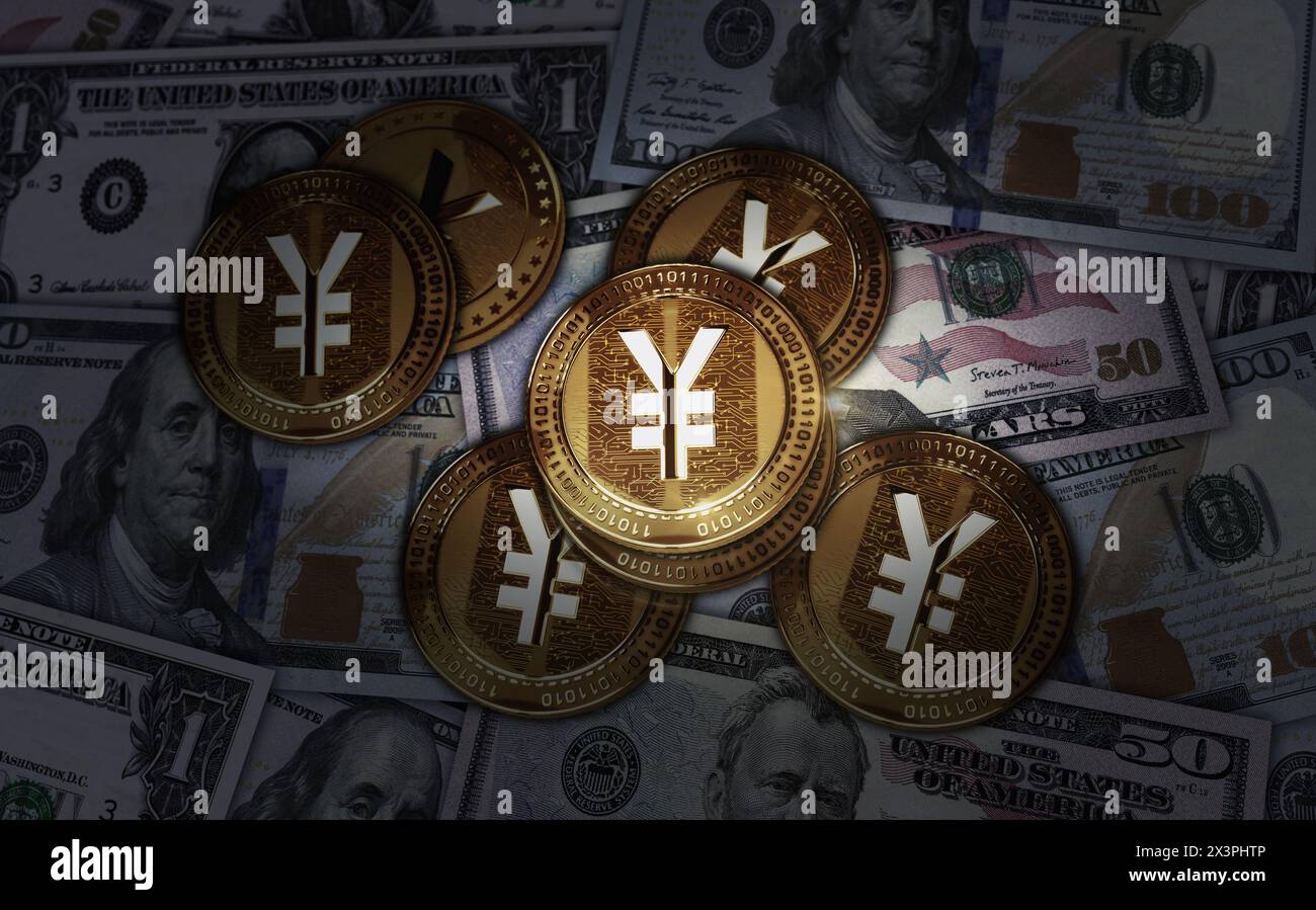 Yen Yuan Kryptowährung Goldmünze über Dollar-Banknoten. Abstraktes Konzept für Online-Zahlungen und Kryptogeldtransaktionen 3D-Illustration. Stockfoto