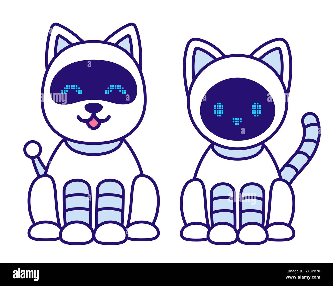 Katzen- und Hunderoboter. Nette Zeichentrickfilme elektronische Haustiere, einfache Kawaii-Vektor-Illustration. Stock Vektor
