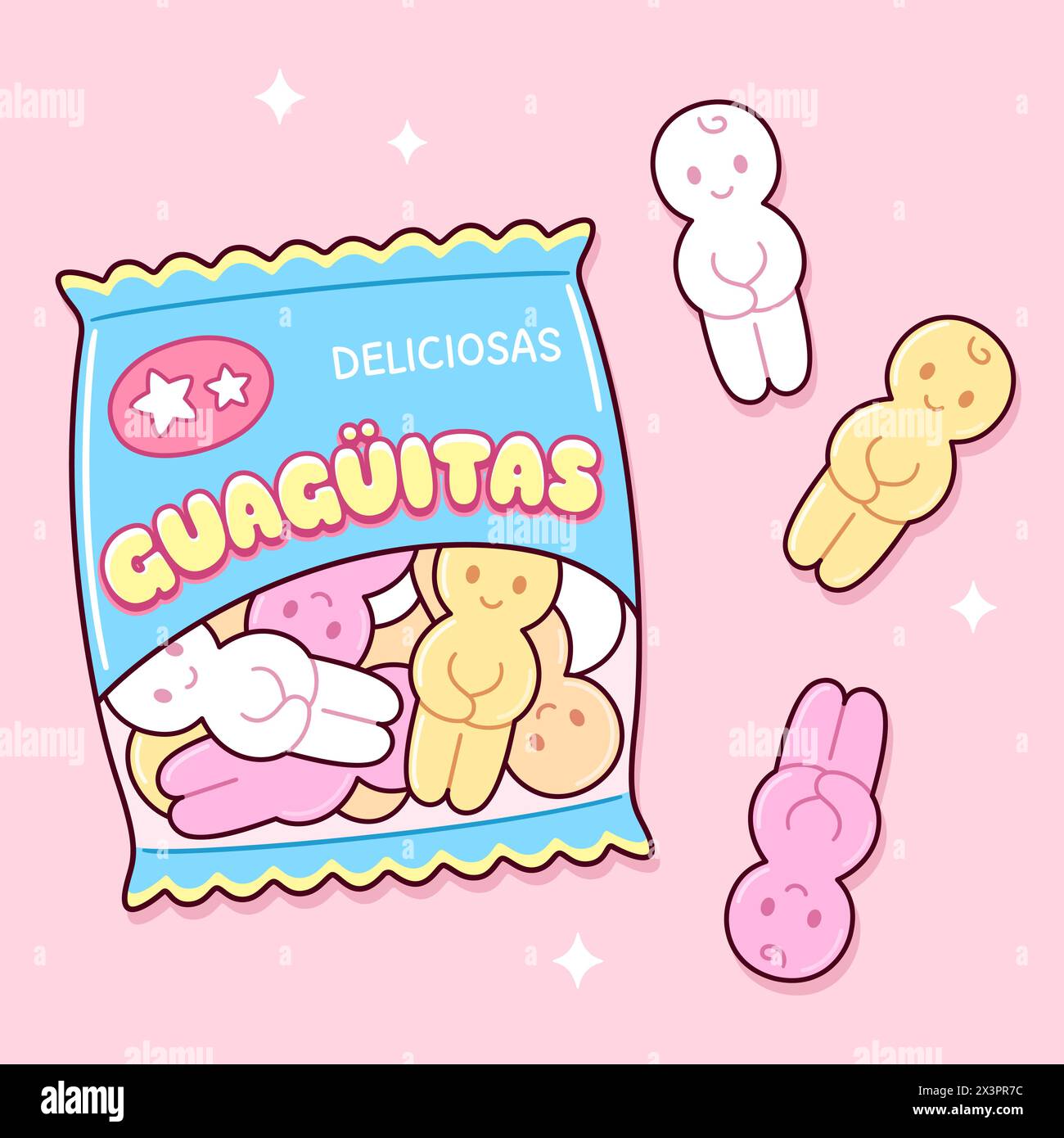 Guaguitas, traditionelles chilenisches Marshmallow in Babyform. Süße Cartoon-Tüte mit Süßigkeiten. Kawaii-Vektor-ClipArt-Illustration. Stock Vektor