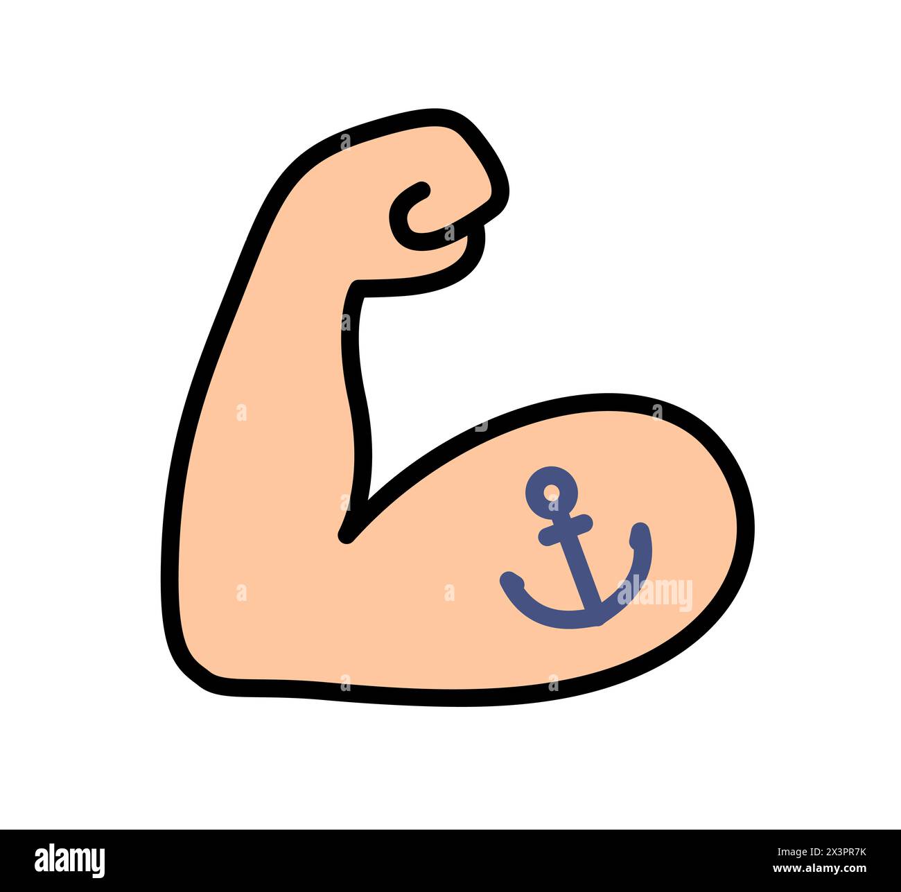 Flexibles tätowiertes Bizeps-Emoji-Symbol. Kräftiger Muskelarm mit Anker-Sailor-Tattoo, Zeichentricksymbol. Vektor Hand gezeichnete Kritzelillustration. Stock Vektor