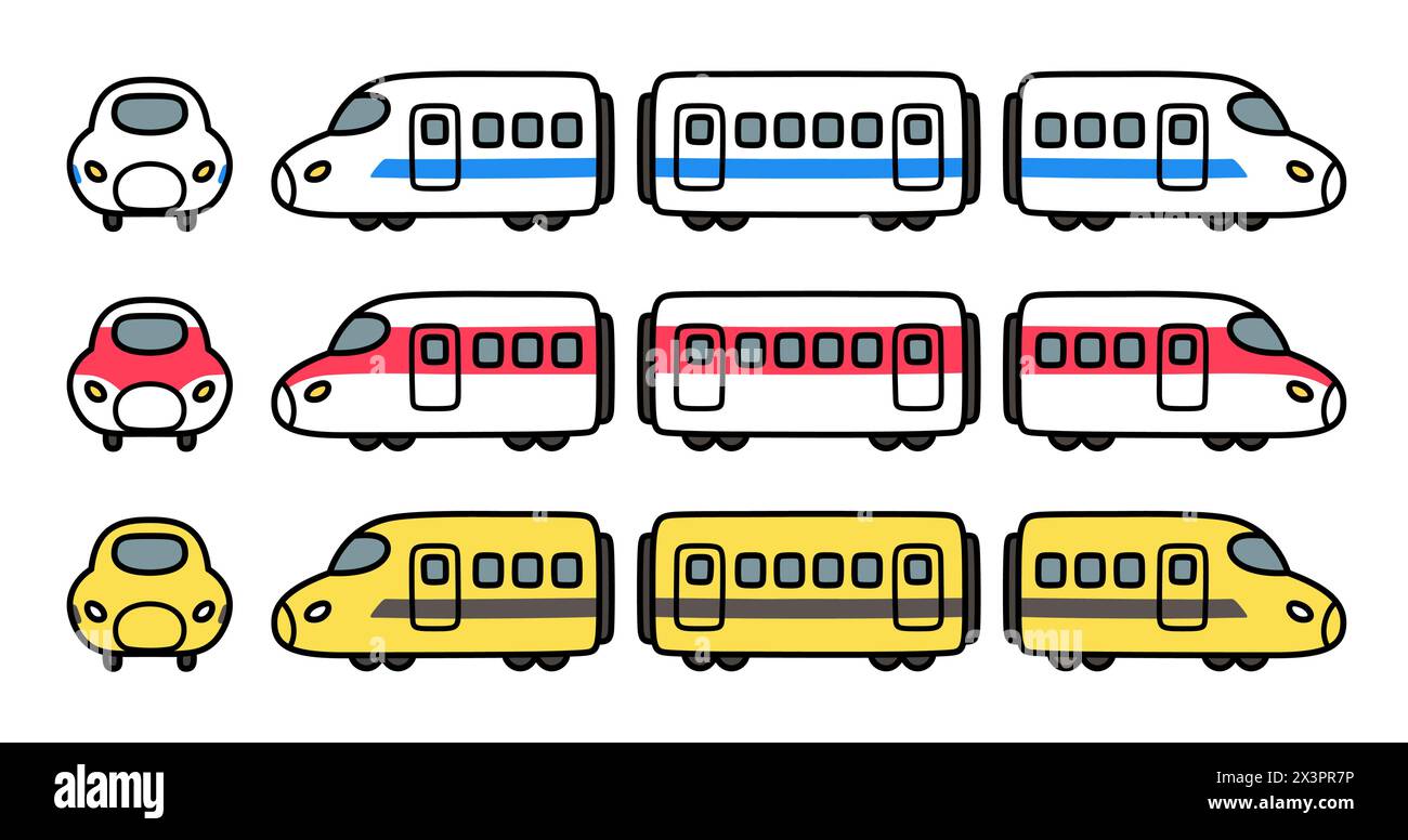 Hochgeschwindigkeits-Hochgeschwindigkeitszug-Zeichentrickset. Nette einfache Hand gezeichnete Kritzelei, Vektorillustration. Stock Vektor