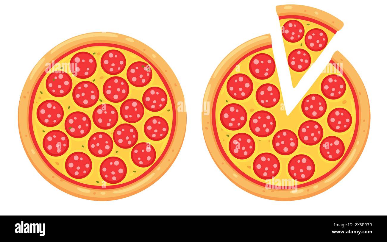 Pepperoni Pizza, ganz und mit Scheibe. Einfache Zeichentrickstil Vektor-Illustration. Stock Vektor