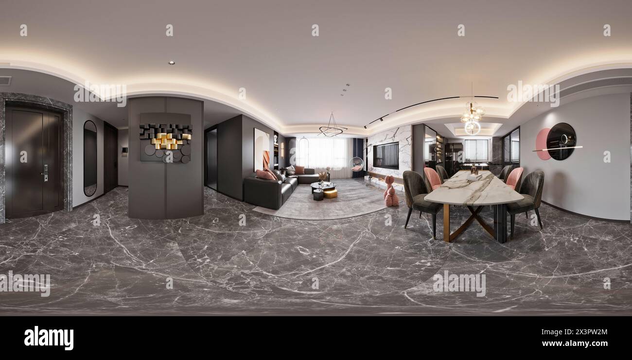 3D-Rendering von luxuriösem Wohnraum, Wohnzimmer Stockfoto