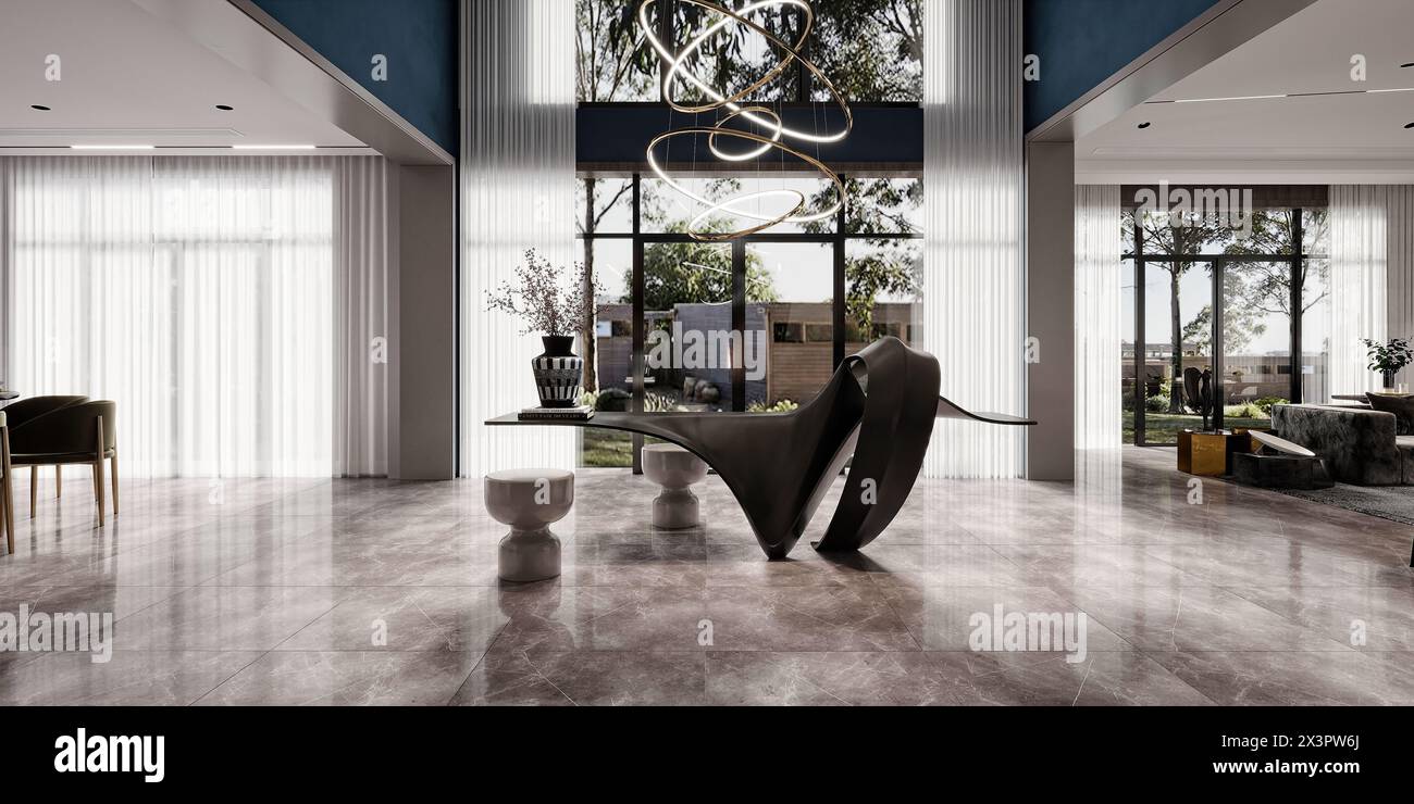 3D-Rendering von luxuriösem Wohnraum, Wohnzimmer Stockfoto