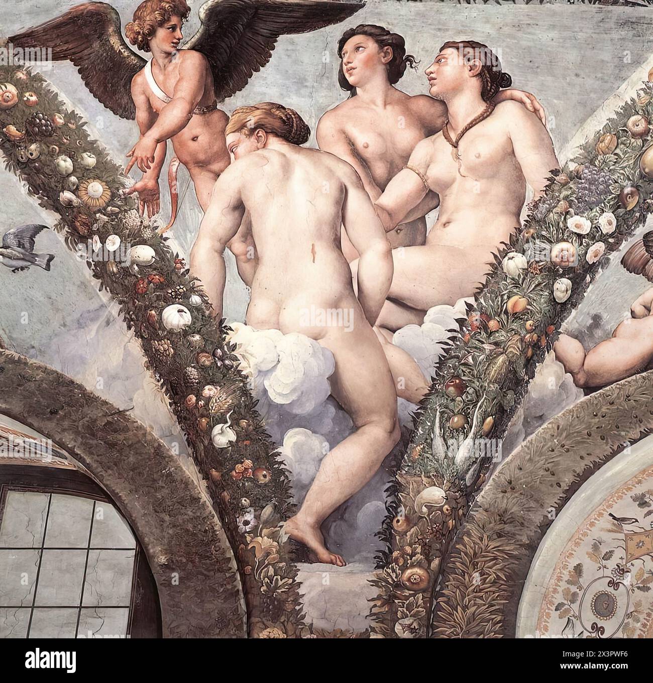 RAFFAELLO Sanzio (* 1483, Urbino, d. 1520, Roma) Cupid and the Three Graces 1517 Fresco Villa Farnesina, Rom es wurde gesagt, dass nur in Gegenwart der drei Grazen ein junger Mann die Reize seines Geliebten erkennen konnte. Cupid blickt auf die Gnaden und zeigt mit seiner linken Hand, nicht auf Psyche, sondern auf die Loggia selbst, die Chigis-eigene Welt. Das soll wohl auf die Dame des Hauses bezogen werden. Papst Leo X. mochte Giovanni da Udines Girlanden so sehr, dass er den Maler beauftragte, den ersten Stock der Loggia im Vatikan mit ähnlichen floralen Motiven zu dekorieren. --- Schlüsselwort Stockfoto