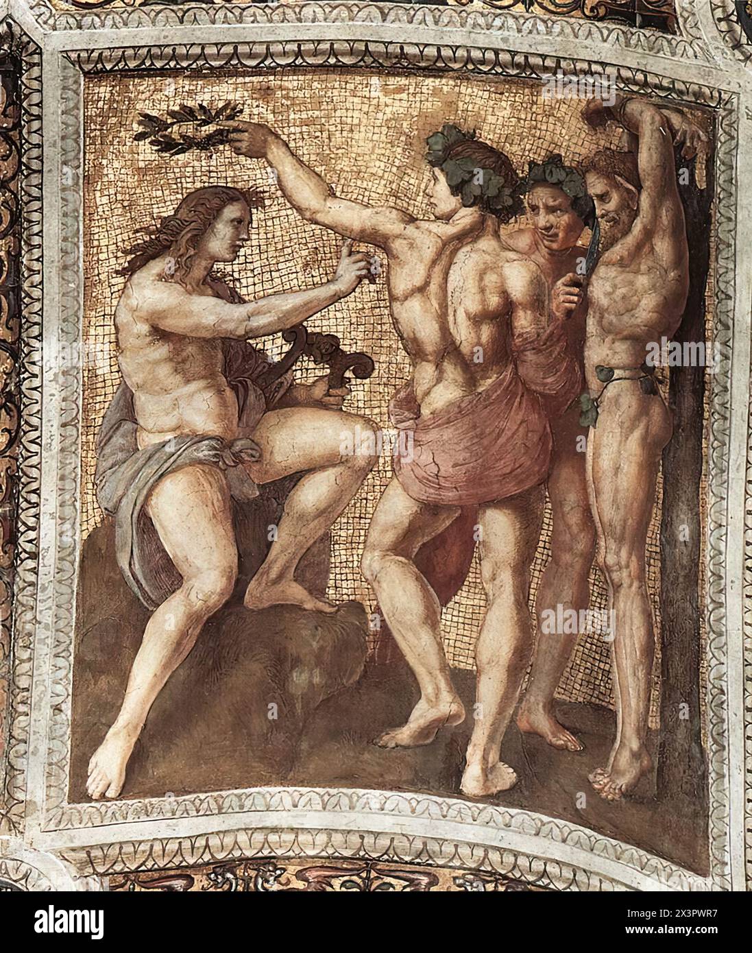 RAFFAELLO Sanzio (* 1483, Urbino, d. 1520, Roma) Apollo und Marsyas (Deckenplatte) 1509-11 Fresco, 120 x 105 cm Stanza della Segnatura, Palazzi Pontifici, Vatikan der Hirte Marsyas hatte den Gott Apollo zu einem Musikwettbewerb herausgefordert. Marsyas verlor und als Strafe für den Mut, einen Gott herauszufordern, wurde er lebendig ausgeworfen. Die Szene ist eine Allegorie der göttlichen Harmonie, die über die irdische Leidenschaft triumphiert. Mit ihrer unrhythmischen Komposition und ihren langgestreckten Figuren stammt diese Szene wahrscheinlich von einer unbekannten Hand und nicht von Raphael. --- Schlüsselwörter: ----------------- Autor: RAFFAELLO Sanzio Titel: Apollo A Stockfoto