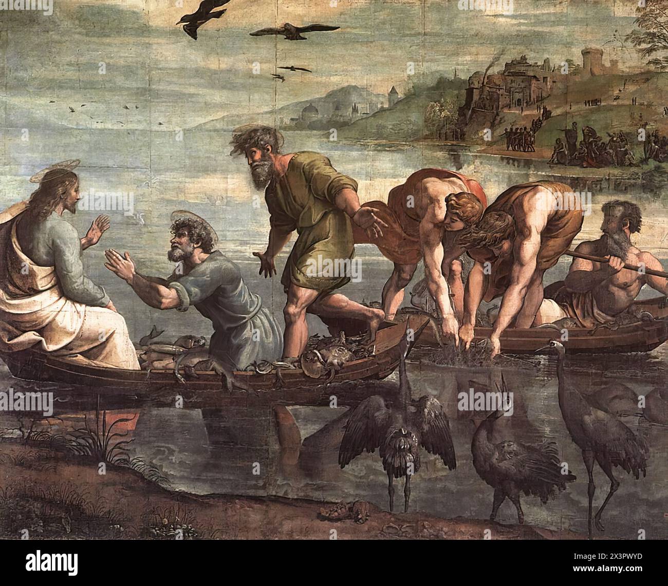 RAFFAELLO Sanzio (* 1483, Urbino, d. 1520, Roma) der wundersame Fischzug 1515 Tempera auf Papier, auf Leinwand montiert, 360 x 400 cm Victoria and Albert Museum, London durch ein Wunder ist eines der Boote plötzlich voller Fische, und die Seeleute im anderen ziehen ein volles Netz aus dem Wasser. Jesus sitzt mit Peter im Boot und bittet ihn, aufzugeben, Fischer zu sein und Jünger zu werden. Eine wissenschaftliche Untersuchung mit Infrarotlicht hat bewiesen, dass dieser Cartoon von Raphael selbst stammt. Detaillierte Unterzeichnungen wurden unter der Farbschicht gefunden, die an Raffael’’’ Stockfoto