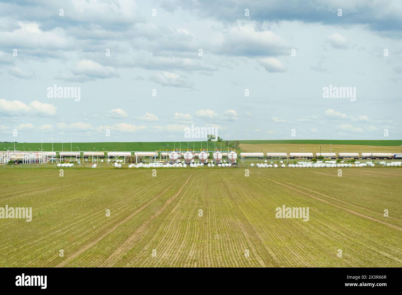 Ein riesiges Feld unter klarem Himmel mit Reihen von weißen Propan-Butantanks und Waggons. Stockfoto