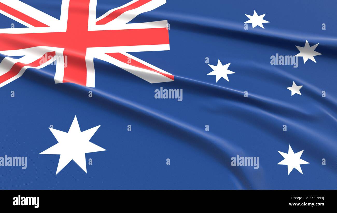 Australische Flagge. Strukturierte australische Flagge aus Stoff. 3D-Rendering-Abbildung. Stockfoto