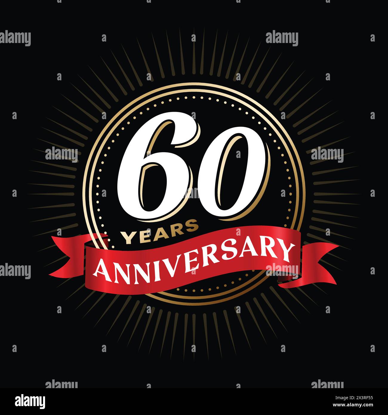 Logo-Design zum 60-jährigen Jubiläum mit rotem Farbband und goldglänzenden runden Festelementen. Poster zum 60. Hochzeitstag, Vorlage. Firma Stock Vektor