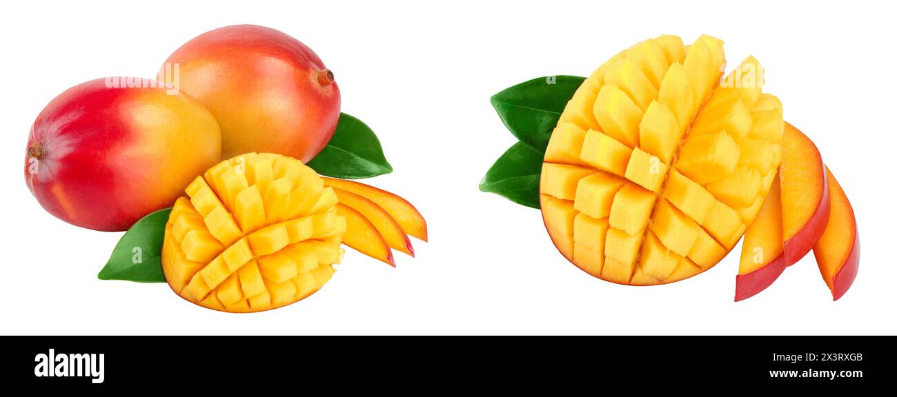 Mango Obst Hälfte mit Blättern und Schichten auf weißem Hintergrund schließen isoliert - oben Stockfoto