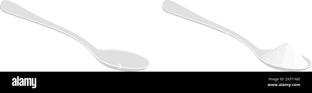 Löffel leer und mit Salz, Zucker oder Süßungsmittel gefüllt. Teelöffel mit Pulver isoliert auf weißem Hintergrund. Zutaten zum Kochen. Tee- oder Kaffeekonzept. Illustration der Vektorabwicklung. Stock Vektor