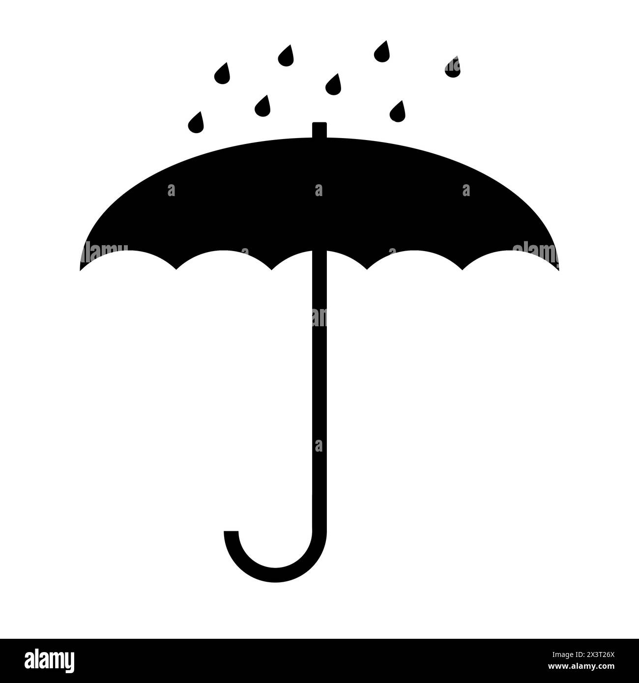 Schwarzer Regenschirm mit Regentropfen-Symbol. Schlichtes Schwarz-weiß-Symbol, das einen offenen Regenschirm unter leichtem Regen darstellt. Feuchtigkeitsschutz. Stockfoto