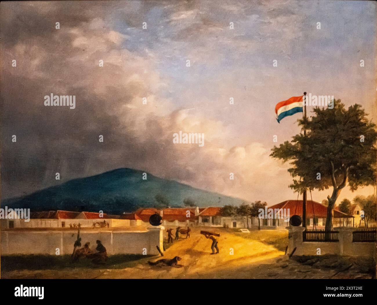 Die Kedawong Zuckerfabrik in der Nähe von Pasuruan auf Java, H.Th. Hesselaar, Öl auf Platte, 1849, Amsterdam, Niederlande Stockfoto