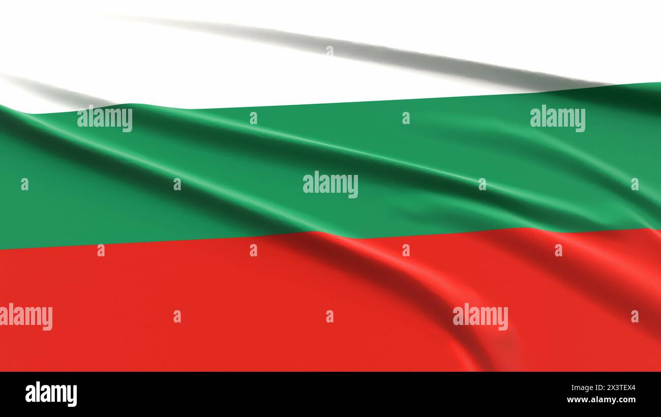 Flagge Bulgariens. Strukturierte bulgarische Flagge aus Stoff. Abbildung 3D-Rendering. Stockfoto
