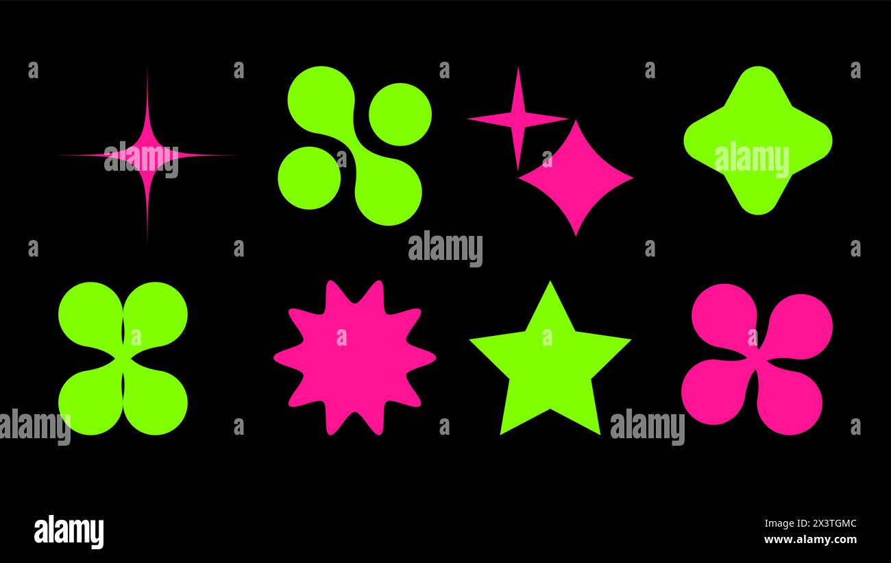Abstrakte Formen im y2k-Stil im brutalistischen Retro-Stil. Helle Farben. Legen Sie geometrische Formen für die Zukunft der Atmosphäre fest. Für Bannerposter Webdesign. Vektorabbildung. Stock Vektor