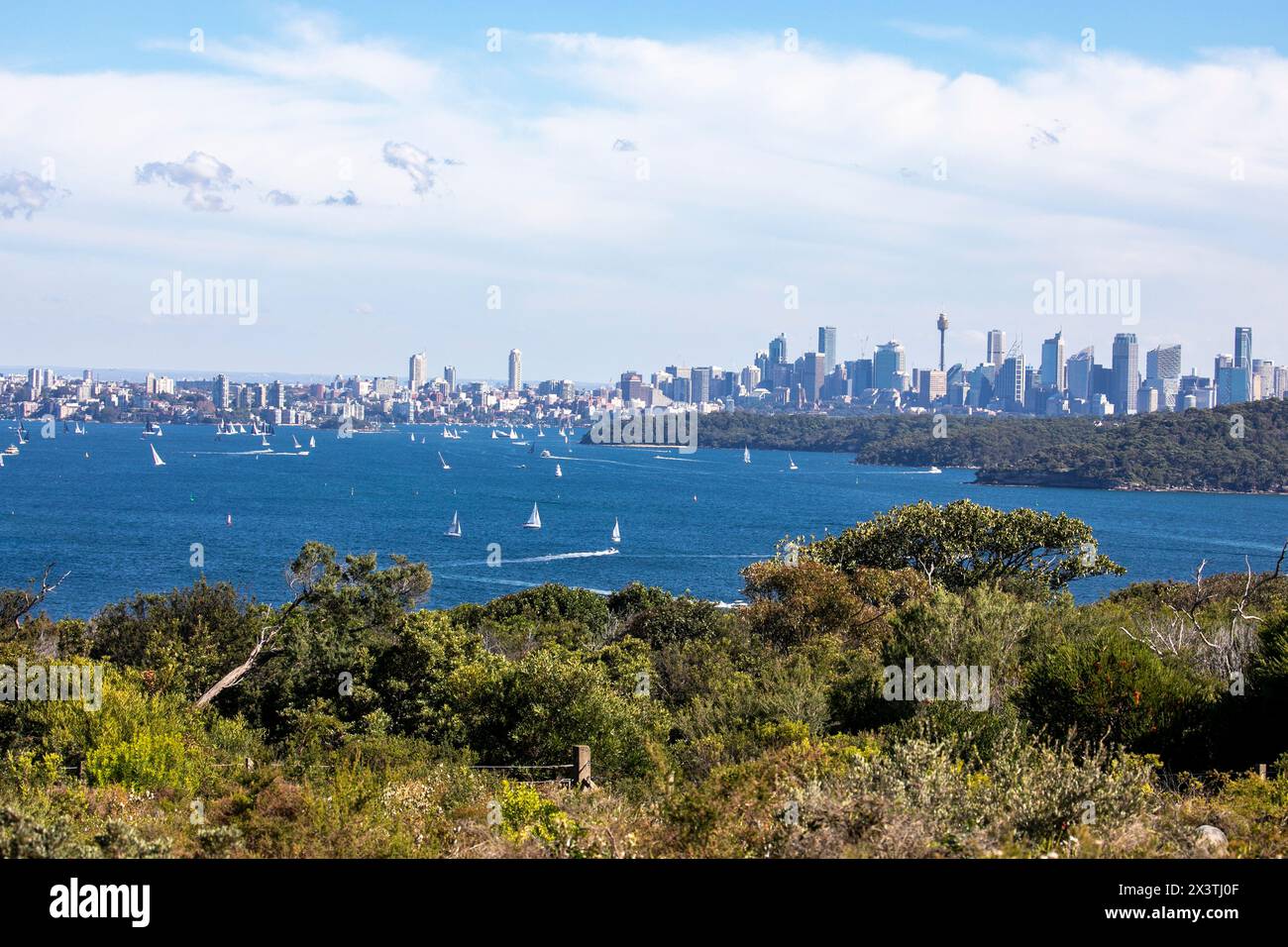 Skyline und Stadtansicht im Stadtzentrum von Sydney von North Head Manly aus, über den Hafen von Sydney und Sydney Heads, NSW, Australien Stockfoto