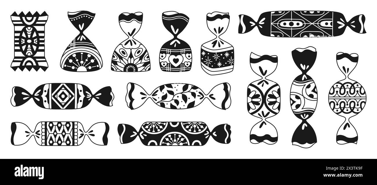 Süßigkeiten mit Ornament-Wrapped-Cartoon-Doodle-Set. Süßigkeiten Bonbon Lutscher Schokolade, Karamellbonbons, Snackverpackungen, lineares Muster. Leckere Zucker Dessert Essen kindliche Party. Umhüllter Vektor in Schwarz und weiß Stock Vektor