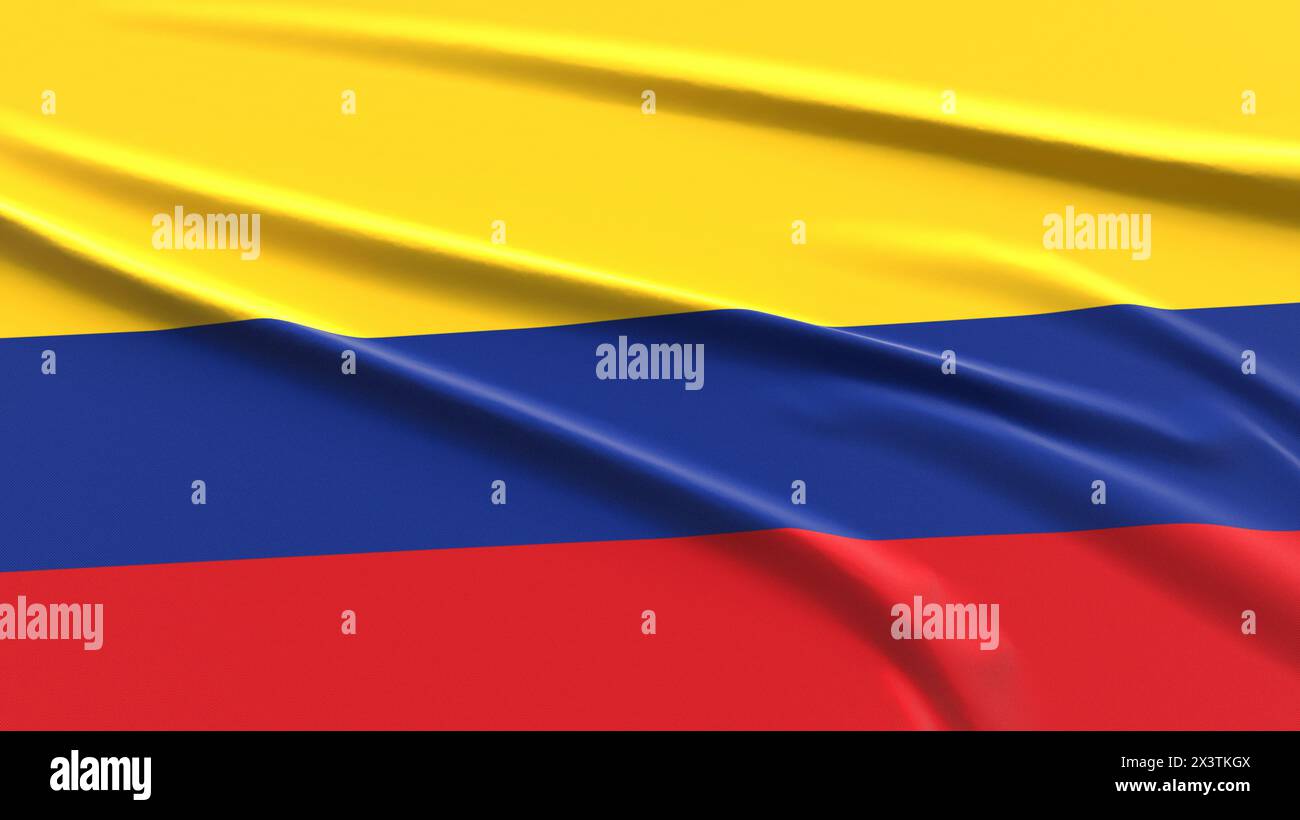 Kolumbianische Flagge. Strukturierte Kolumbianer Flagge aus Stoff. Abbildung 3D-Rendering. Stockfoto