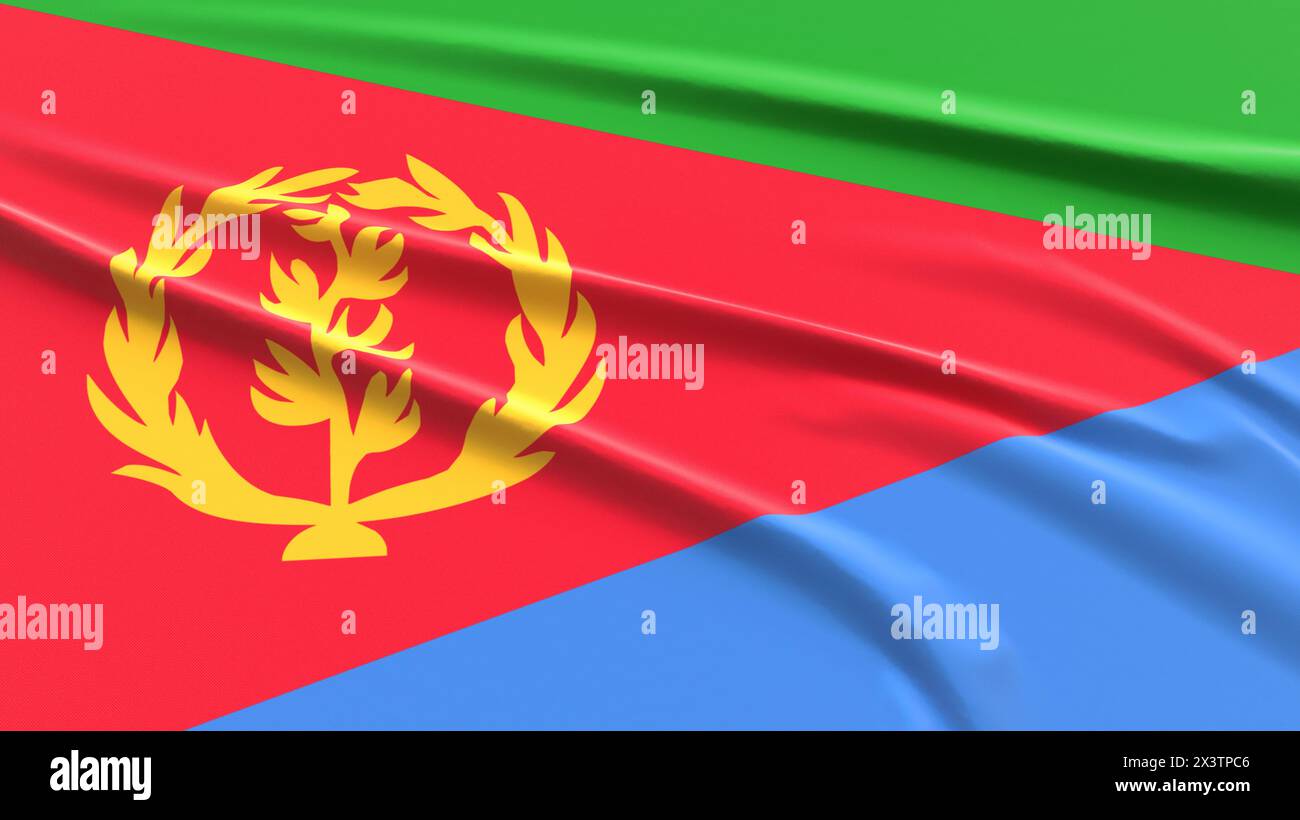 Eritrea-Kennzeichen. Strukturierte eritreische Flagge aus Stoff. Abbildung 3D-Rendering. Stockfoto