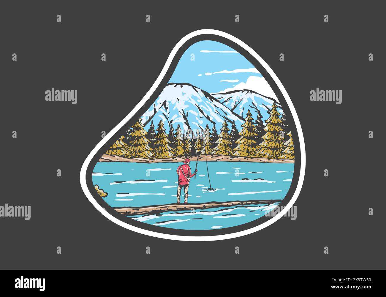Vintage-Illustration-Abzeichen eines Mannes, der auf dem See mit Blick auf den Wald und die Berge fischt Stock Vektor