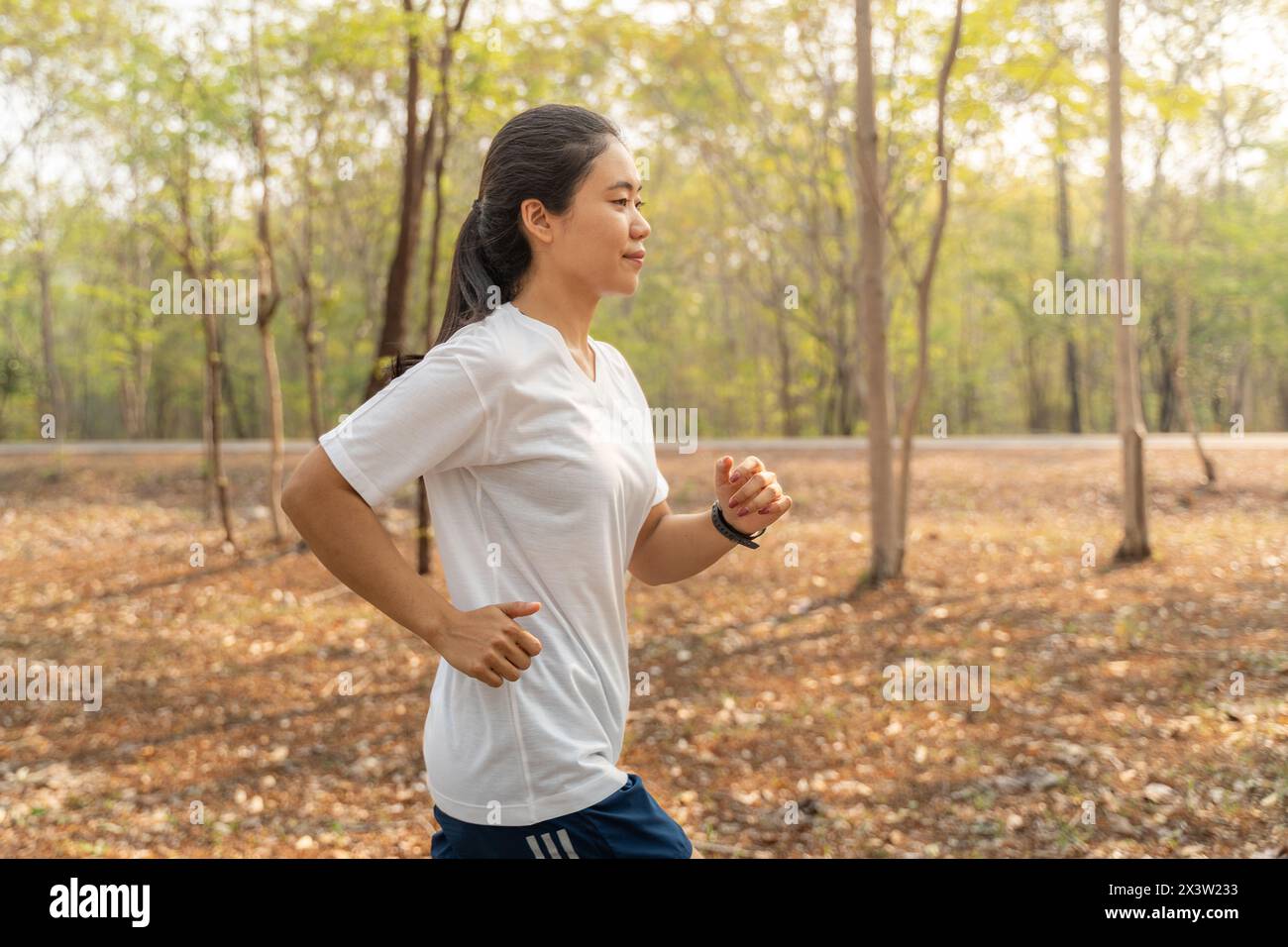 Junge Frau, die im Sommer alleine am Morgen im örtlichen Laufpark läuft Stockfoto