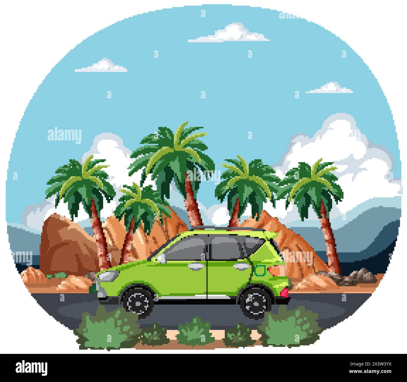 Vektor-Illustration eines Autos zwischen Palmen. Stock Vektor