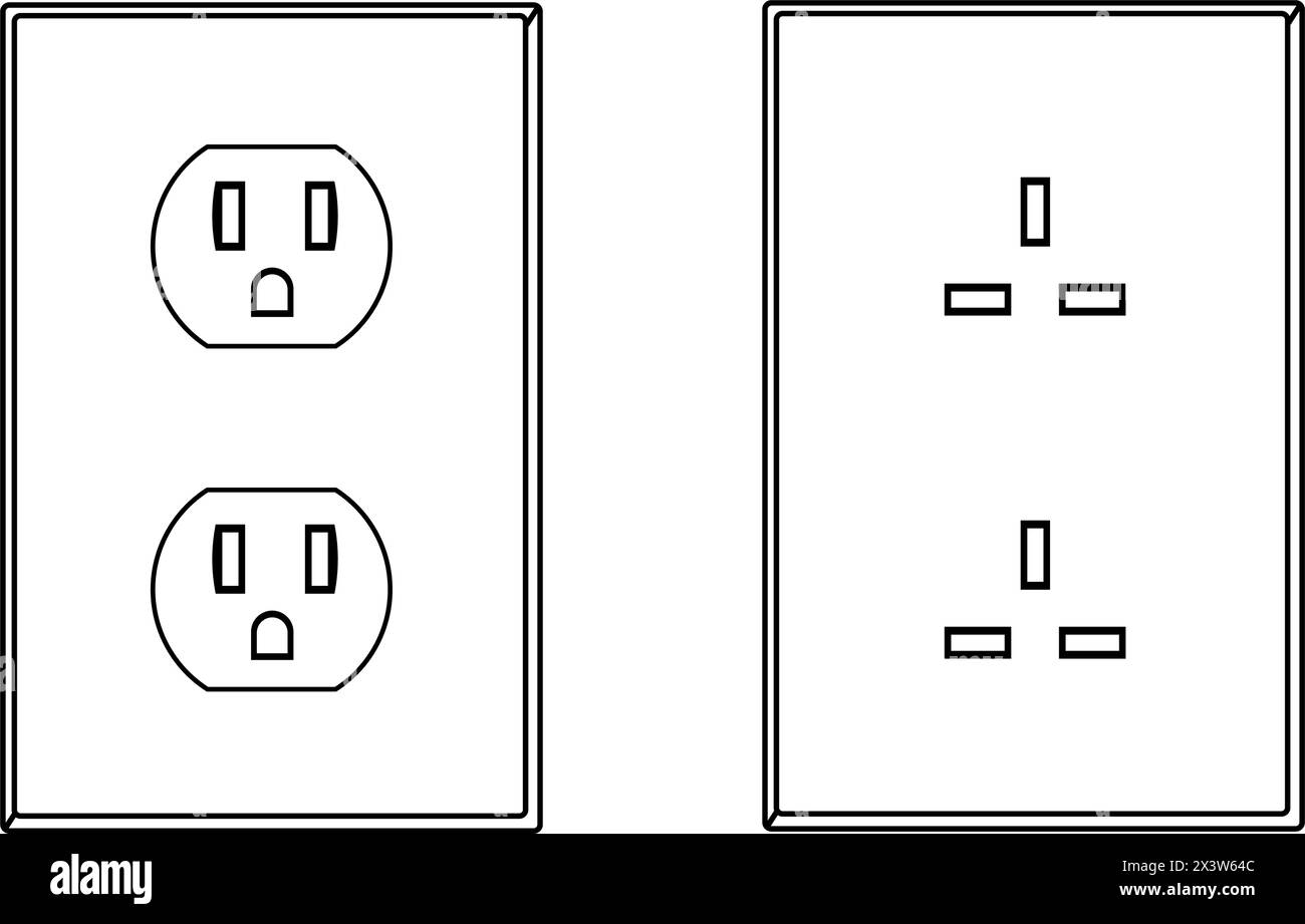 Zwei Versionen von Steckdosen, die in Nordamerika und den Vereinigten Staaten üblich sind, im Stil von Kunstvektoren Stock Vektor