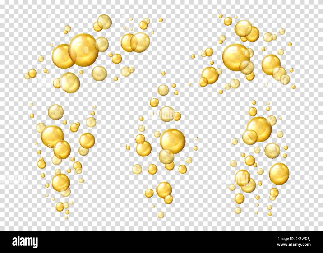 Flüssige Ölblasen, gelbes Kollagenserum. Isolierte 3D-Vektor realistische glänzende Tropfen, goldene kosmetische Pillen oder Kapseln. Fettige Vitaminessenz-Tropfen. O Stock Vektor