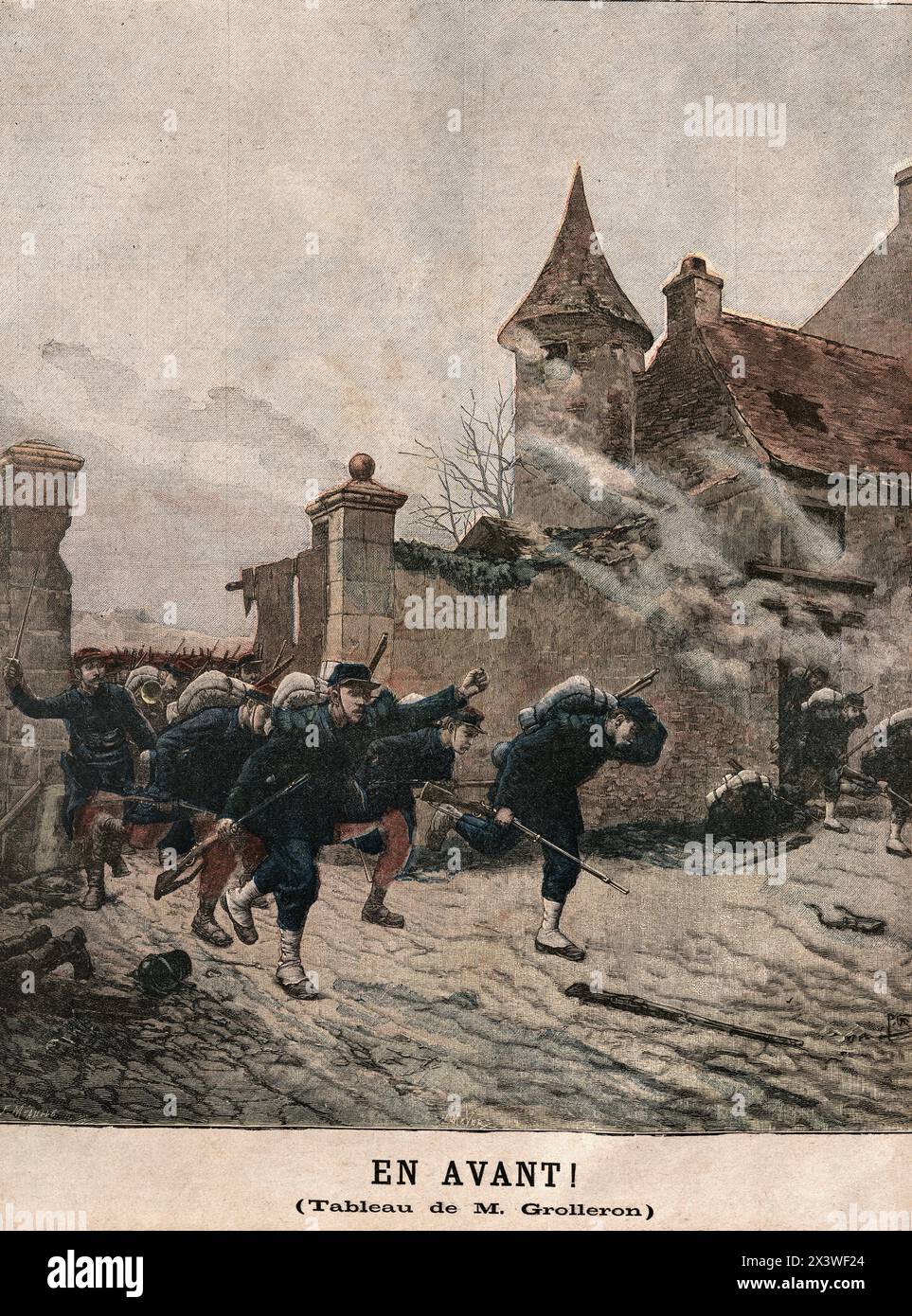 Vintage-Illustration französische Soldaten stürmen während einer Schlacht ein Gebäude nach einem Gemälde von Paul-Louis-Narcisse Grolleron Stockfoto
