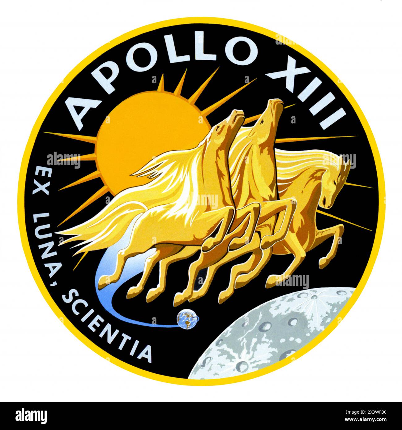 Apollo 13 Mondlandungsmission 1969 Insignien mit Apollo, dem Sonnengott der griechischen Mythologie, und dem lateinischen Satz „ex Luna, Scientia“, was „vom Mond, Wissen“ bedeutet. Stockfoto