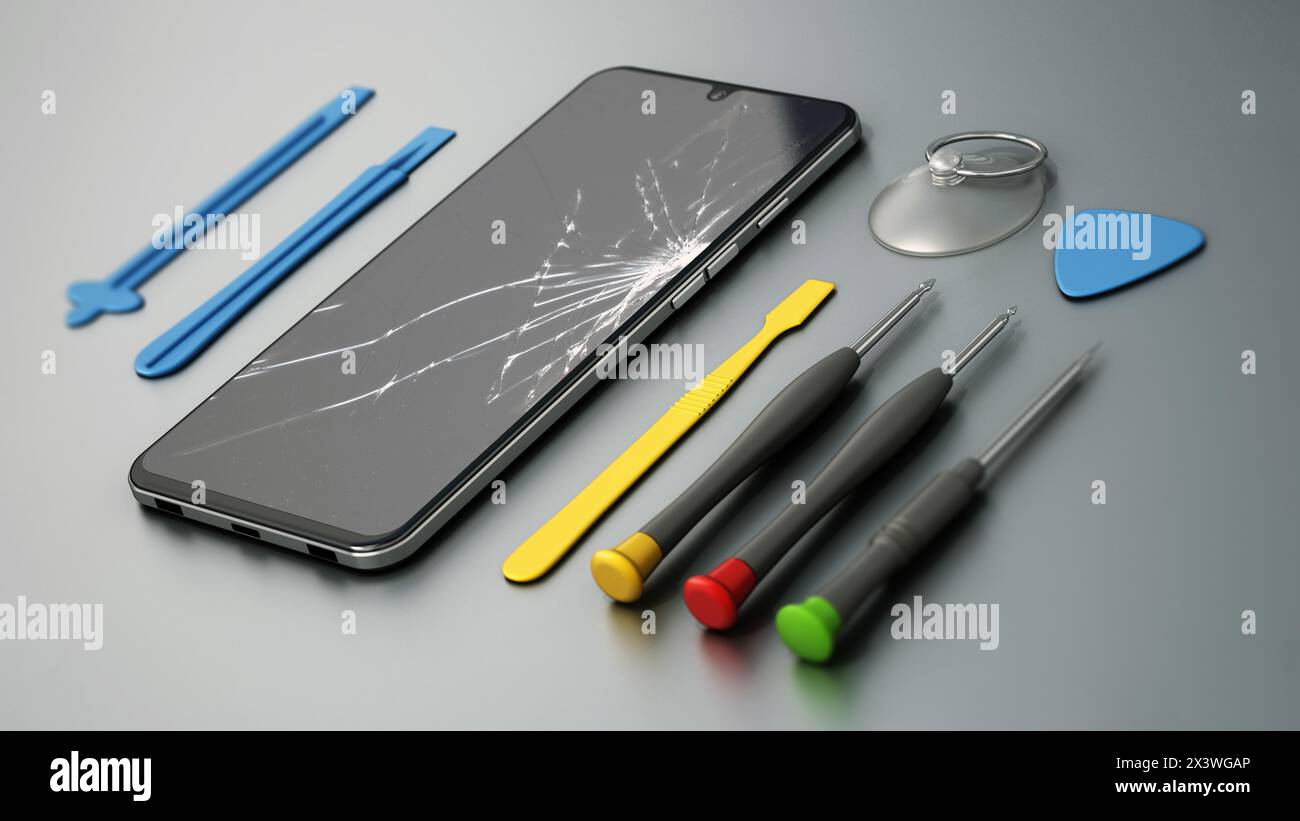 Reparatur-Tools und Smartphones mit defekten Bildschirmen isoliert auf grauem Hintergrund. 3D Abbildung. Stockfoto