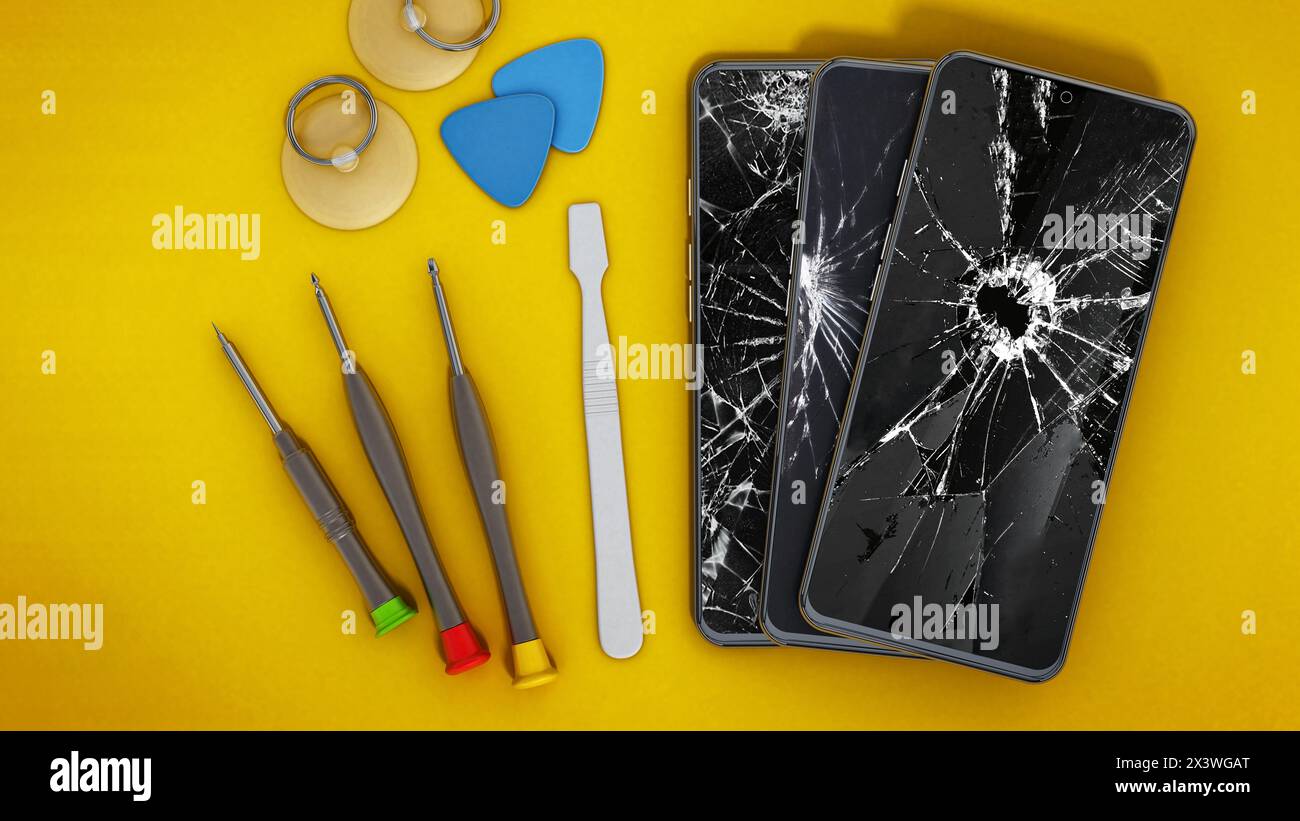 Reparatur-Tools und Smartphones mit defekten Bildschirmen isoliert auf gelbem Hintergrund. 3D Abbildung. Stockfoto