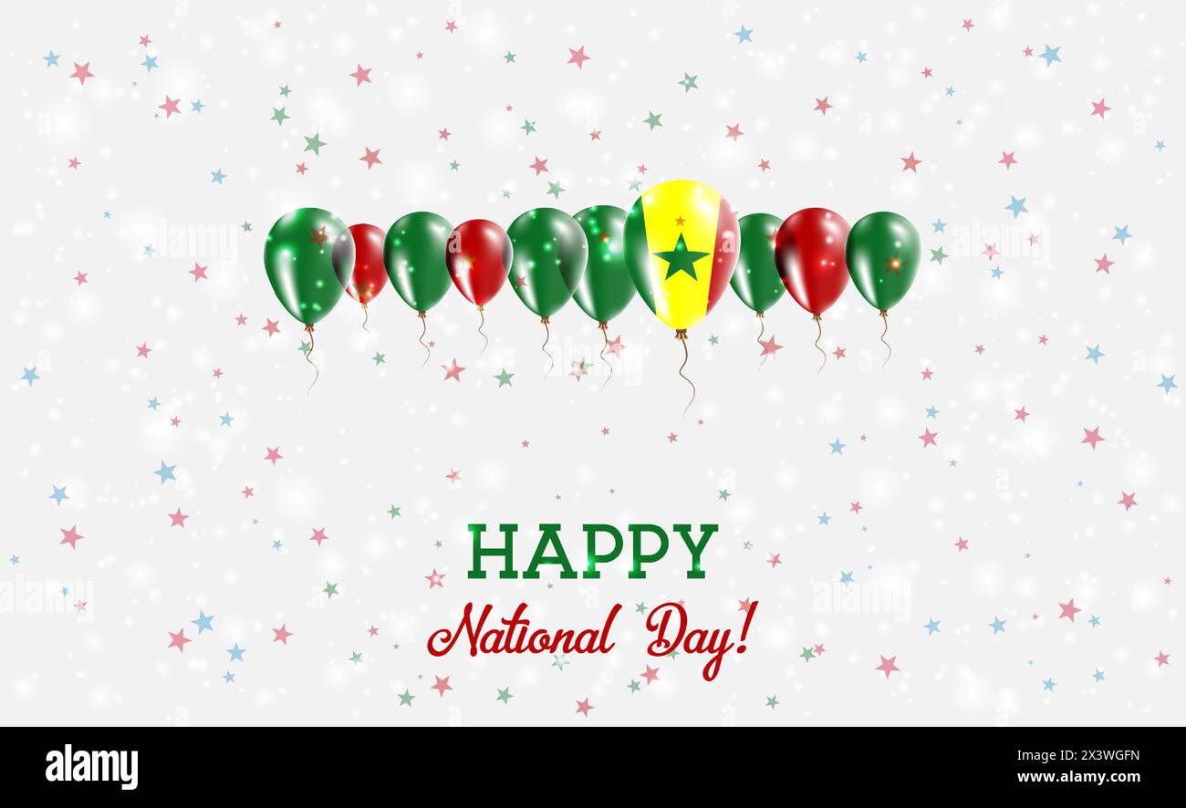 Senegal Unabhängigkeitstag Funkelndes Patriotisches Poster. Ballonreihe in den Farben der Senegalesischen Flagge. Grußkarte mit Nationalflaggen, Konfetti und Stock Vektor