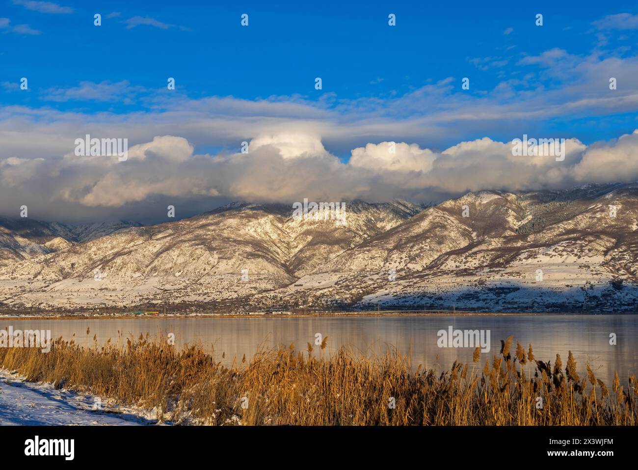 Die Wolken hängen tief in den Wasatch Mountains an einem sonnigen Januartag in Unit 1 der Farmington Bay Waterfowl Management Area, Farmington, Utah, USA. Stockfoto