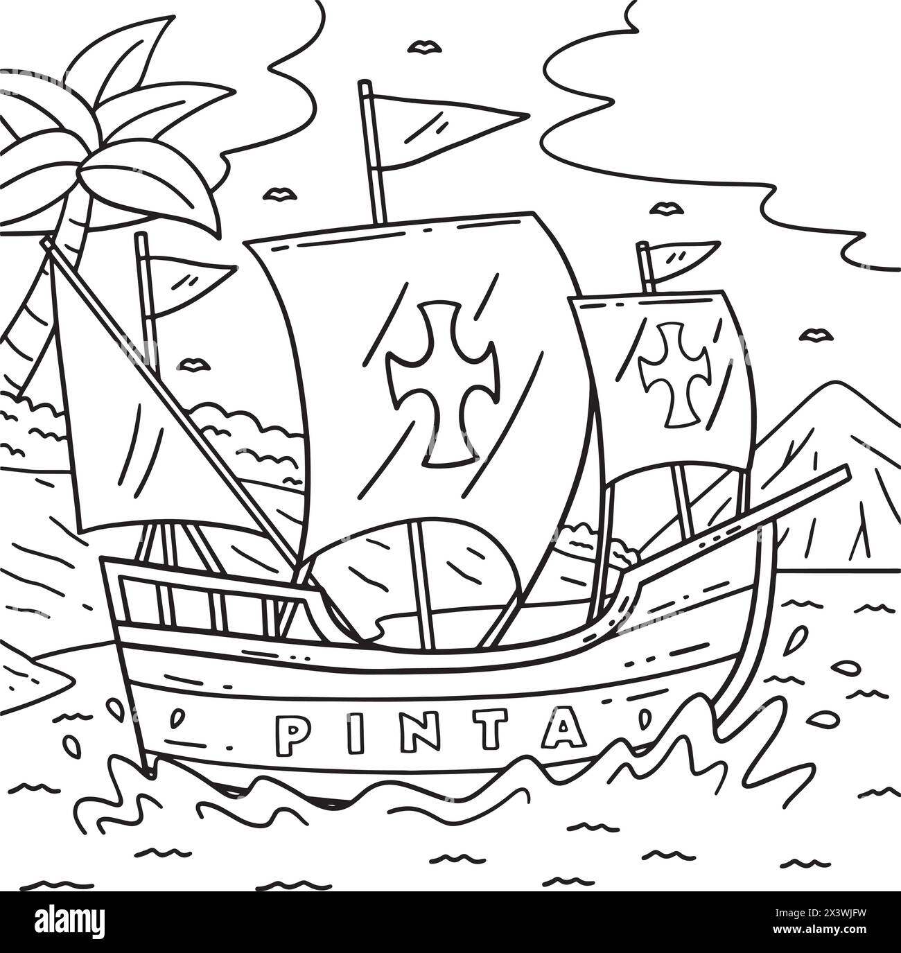 Kolumbus Day Pinta Ship Malseite für Kinder Stock Vektor