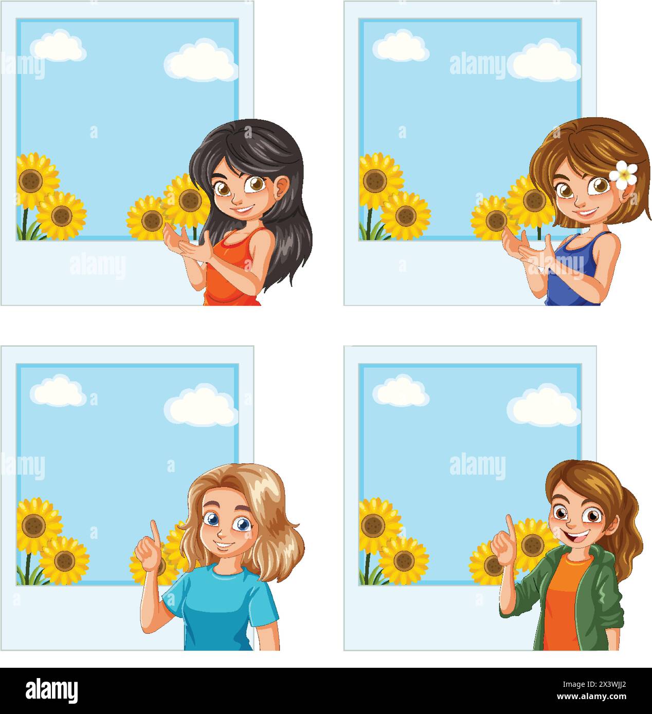Vier Mädchen, die Sonnenblumen an einem blauen Himmel halten Stock Vektor