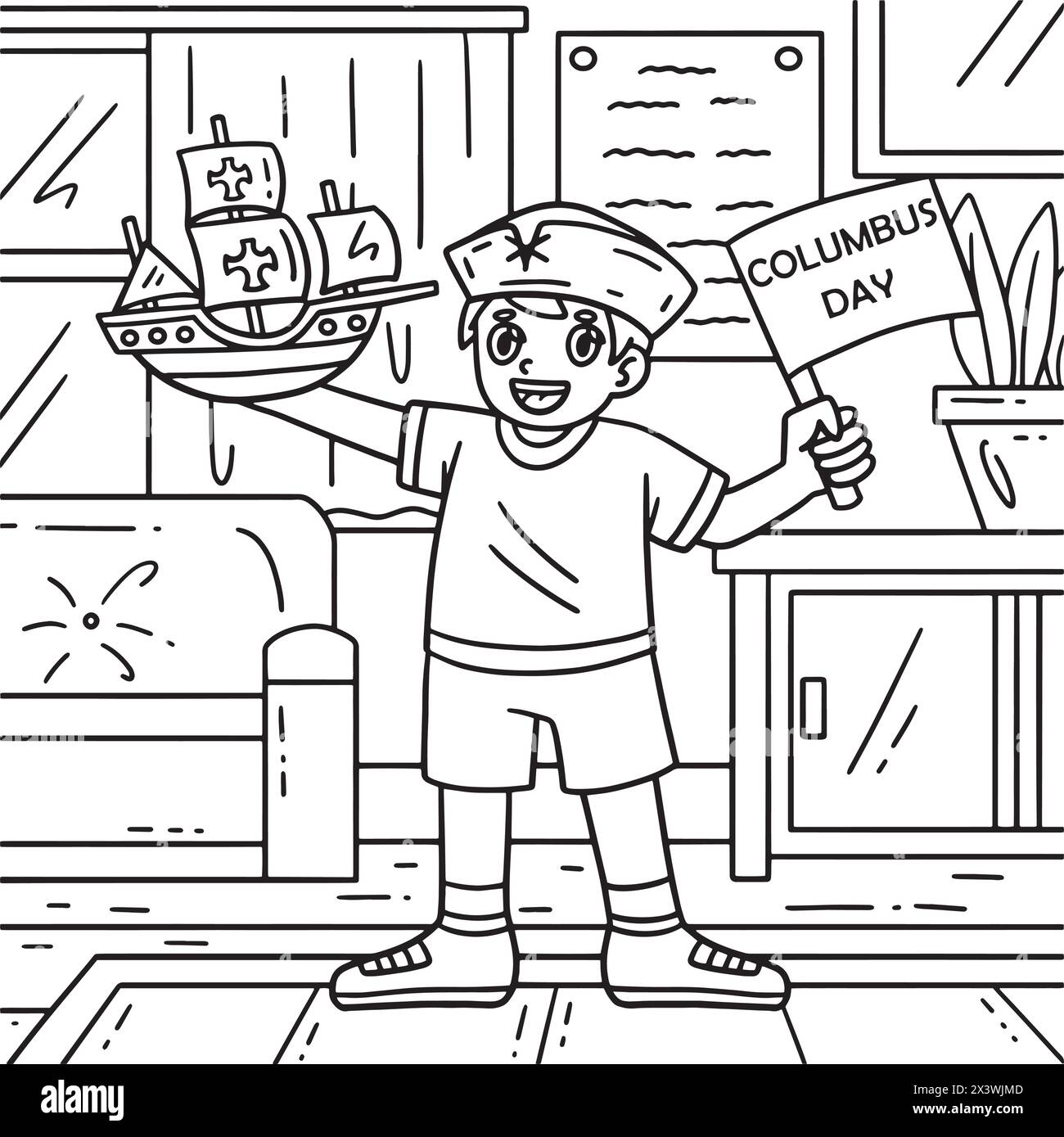 Kolumbus Day Boy mit Schiffsmodell Ausmalseite Stock Vektor