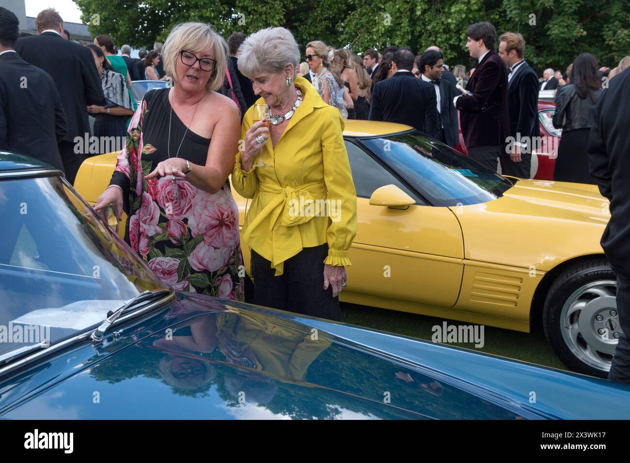 Der Hurlingham Club ist ein exklusiver privater Club im Londoner Viertel Fulham. Die jährliche Sommergartenparty - Fête Champête und die Vorstellung der Mitglieder Oldtimer im Concourse d'Elégance; die Autos werden auf dem Clubgelände gefahren. Drinks unter den Oldtimern. London, England 11. Juni 2022, UK 2020s HOMER SYKES Stockfoto