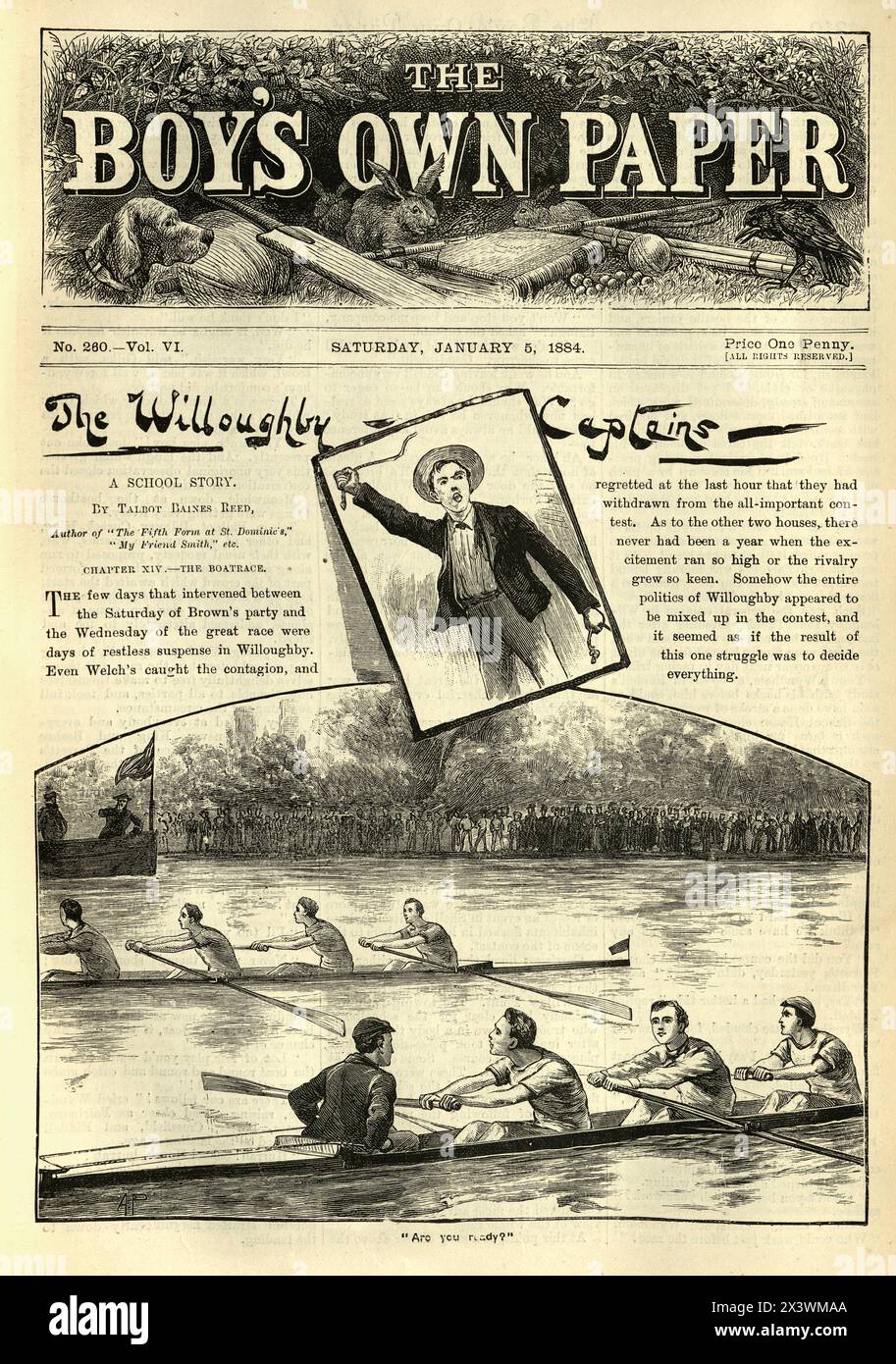 Vintage-Illustration des viktorianischen Boy Boat Race, Geschichte Sport Rudern, 1880er Jahre 19. Jahrhundert. Junge's Own Paper Stockfoto