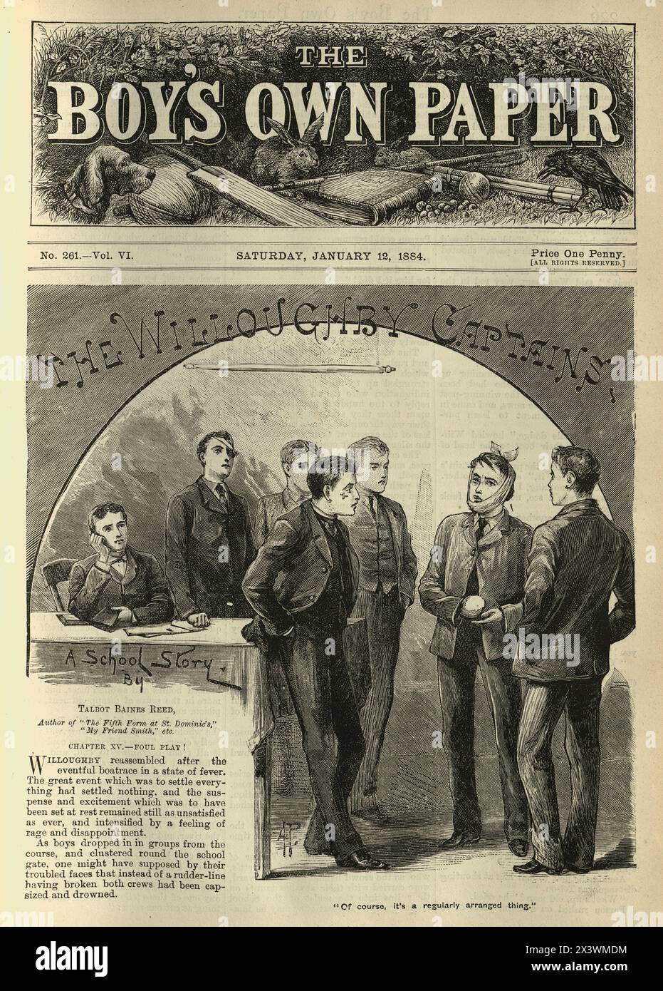 Vintage Illustration Gruppen von viktorianischen Schuljungen, einer mit Verband, Zahnschmerzen, viktorianisch, 1880er Jahre, 19. Jahrhundert Stockfoto