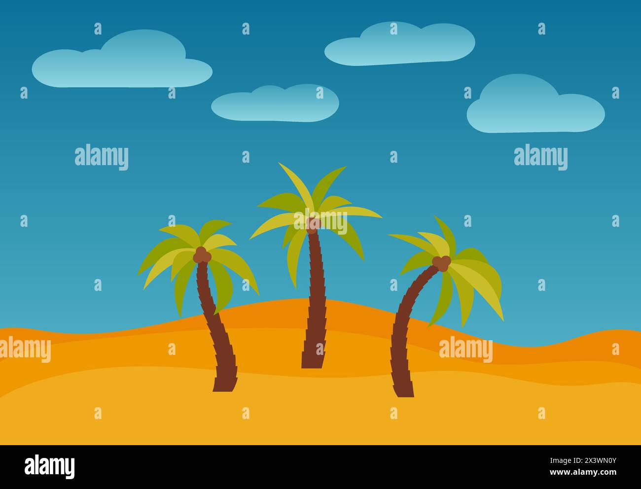 Zeichentrick-Naturlandschaft mit drei Palmen in der Wüste. Vektorabbildung. Stock Vektor