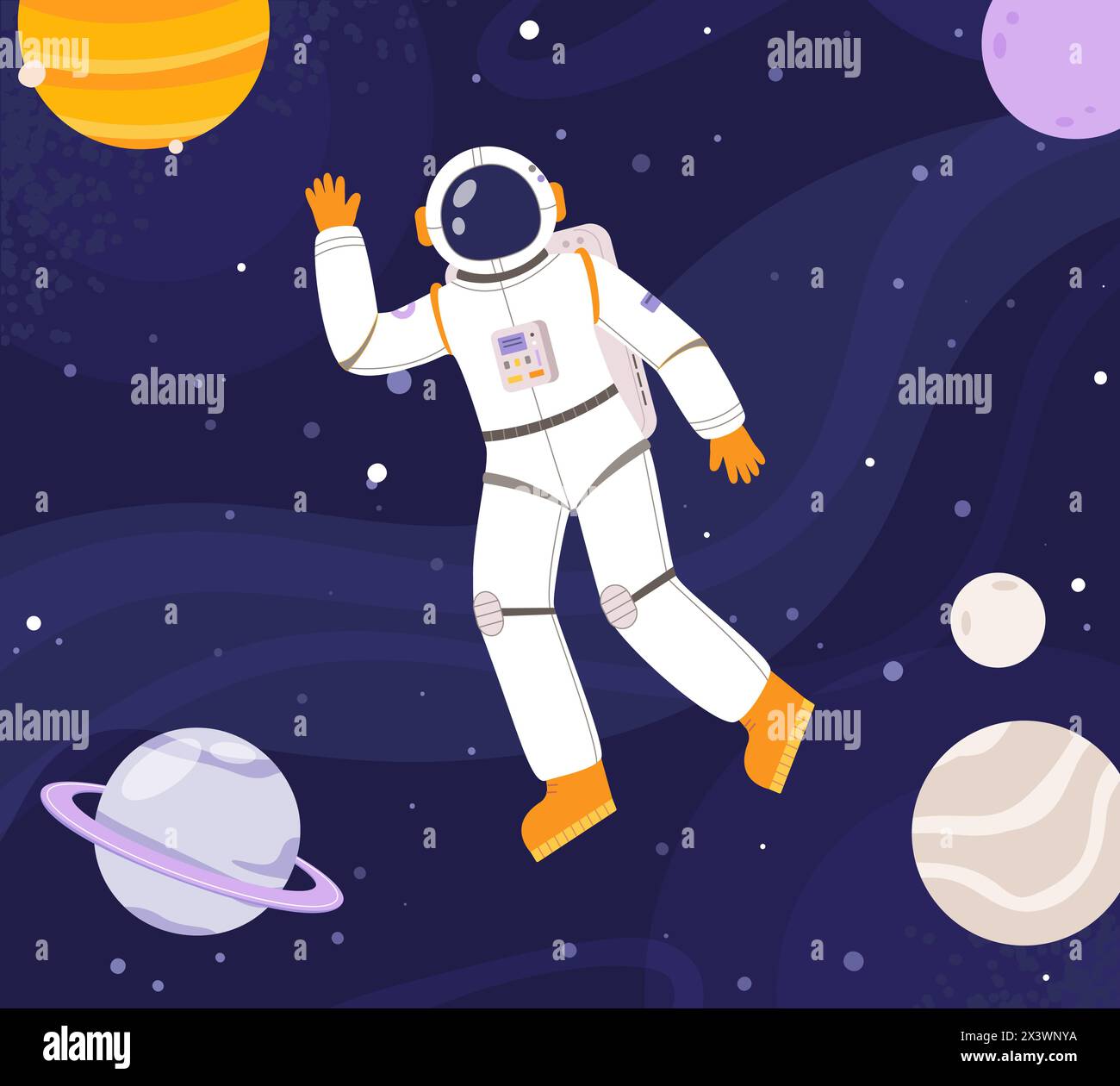 Astronaut, der im Weltraum arbeitet. Universum-Entdecker, interstellare Abenteuer und Reisen. Comic Cosmonaut Charakter kuschelige Vektorszene Stock Vektor